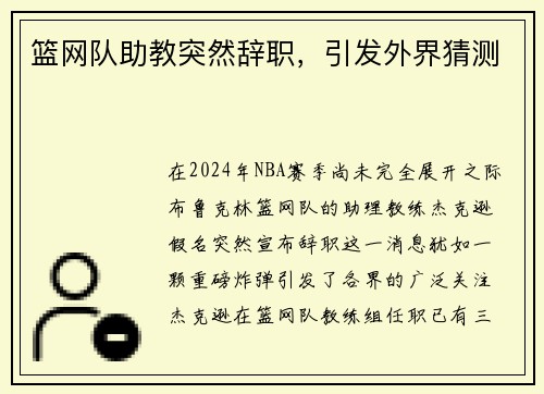 篮网队助教突然辞职，引发外界猜测