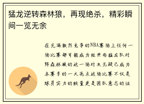 猛龙逆转森林狼，再现绝杀，精彩瞬间一览无余